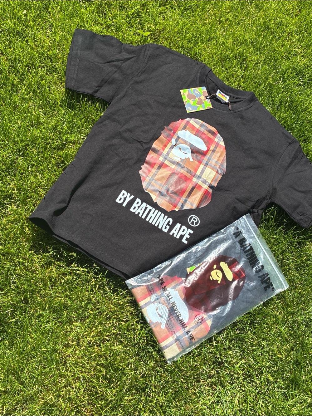 Bape Black Tee with Red Orange Plaid Ape Head Graphic